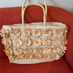 Floral Embellished Tan Tote Bag